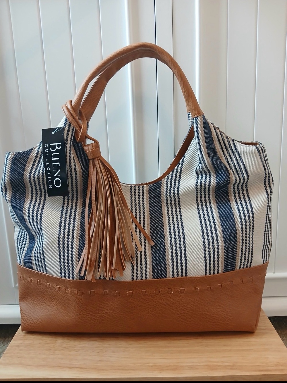 Bueno Blue and Tan Striped Shoulder Bag with Tassel